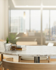 Coffee in glass cup with book and plant on round marble table and wooden chair across window in cafe