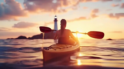 Aerial view of a person kayaking during sunset on a serene body of water with a lighthouse in the background. The sky is painted with hues of orange, pink, and purple.