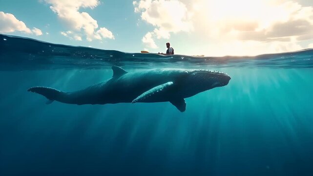 A vivid portrayal of a blue whale swimming underwater, with sunlight filtering through the waters surface. The whale is depicted in a side profile.