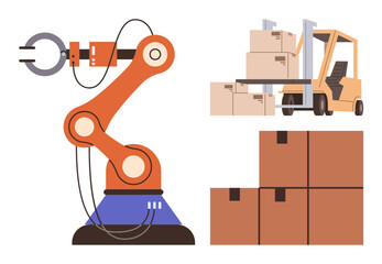 Robotic arm lifting, forklift transporting boxes in warehouse. Ideal for automation, logistics, industry, innovation, efficiency, technology warehouse management. Simple flat metaphor