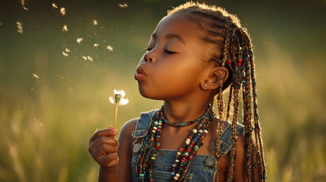 A joyful African girl with braided pigtails and colorful beads blows a dandelion in the warm sunset light, surrounded by green grass, evoking the spirit of Africa's Freedom Day.
