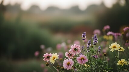A soft, dreamy close-up of pink and yellow wildflowers mixed with tall purple blooms, set against a blurred, natural background.