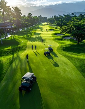 Aerial view of golfers and golf carts on a lush green course with mountains in the background at sunset.