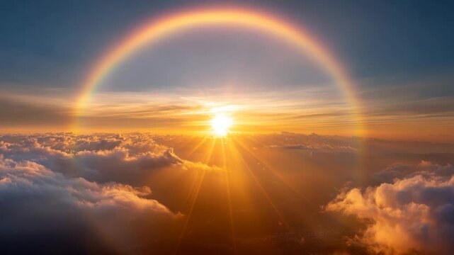 Stunning sunrise above clouds with rainbow arch, capturing natural beauty and serenity in the sky