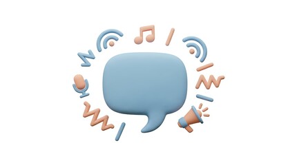 3D cartoon pastel speech bubble with soft clay texture, surrounded by playful sound wave icons in pastel blue and orange tones, isolated on white background, fun communication concept