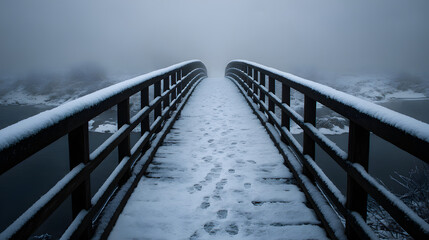 Fototapeta premium Serene Winter Bridge: A snow-covered bridge extends over tranquil water, footsteps leading towards a misty horizon, creating a peaceful, contemplative scene of winter tranquility.