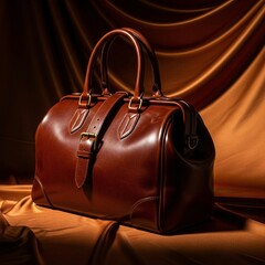 Elegant leather bag, perfect for travel or daily use, resting on a luxurious brown fabric background, capturing sophistication.