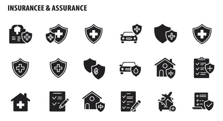 Fototapeta premium Black icons representing insurance and assurance featuring shields medical crosses vehicles and documents