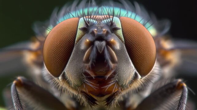 Extreme close-up macro shot of a fly's head showing intricate details of its compound eyes and iridescent bristles.