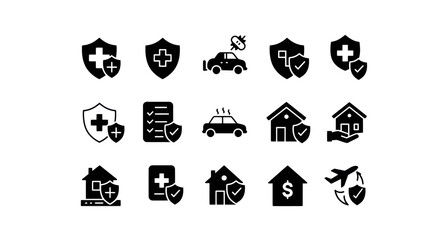 Collection of black and white insurance and protection icons
