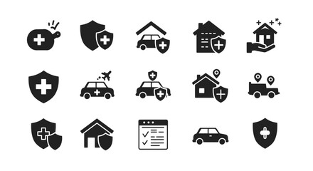 Collection of black and white insurance icons depicting shields vehicles and houses