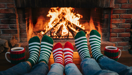 Feet in colorful striped socks by warm fireplace.