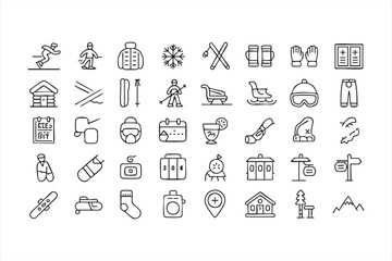 Alpine winter icons for ski resorts, cold-weather gear, slope navigation, and snow activities