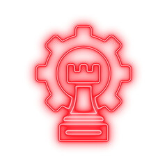 Electric red neon sign of a creative process, a cogwheel surrounding a lightbulb