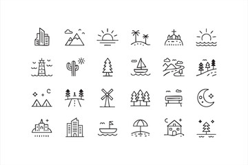 Fototapeta premium Scenic destination symbols for hiking maps, beach guides, mountain trips, and outdoor activity planners