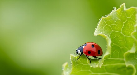 Fototapeta premium Vibrant red ladybug exploring a dewy green lettuce leaf, a close-up macro nature concept for organic farming and healthy environment