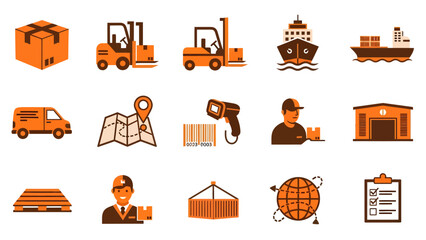 Logistics and delivery icons trucks, ship, forklift, cargo, map, scanner, warehouse, pallets, clipboard, and global shipping