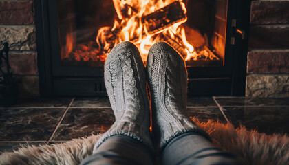 Cozy Boots Resting by Warm Fireplace.