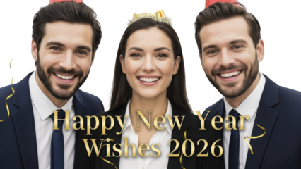 Happy new year wishes 2026 for three smiling professionals isolated on white isolated on transparent background