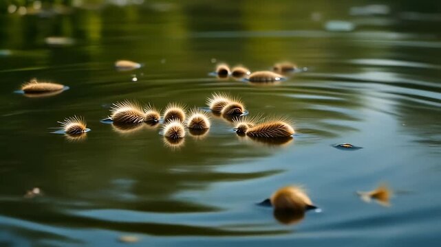 Small fuzzy brown seed pods floating on the rippling surface of dark green water, with reflections in the background.