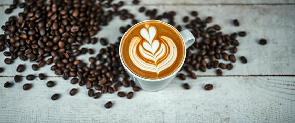 Dark roast coffee beans scattered artfully around a latte art creation on a rustic tabletop,  milk,  brown