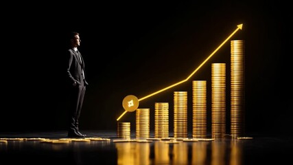 Financial Ascent: A poised individual gazes at a golden graph of rising wealth, a symbol of strategic financial growth and ambitious prosperity.