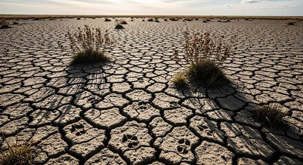 The dry cracked ground forms a pattern of texture like old pavement or cobblestone, revealing the material of the soil and rock
