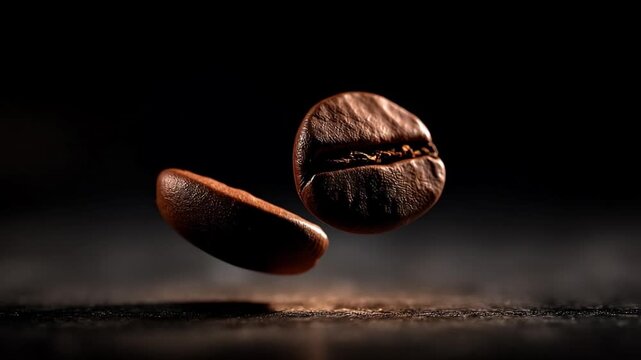 Coffee Bean in Dark: Two roasted coffee beans float in a moody, low-lit environment, showcasing the texture of these natural treasures. The captivating view invites you to indulge.