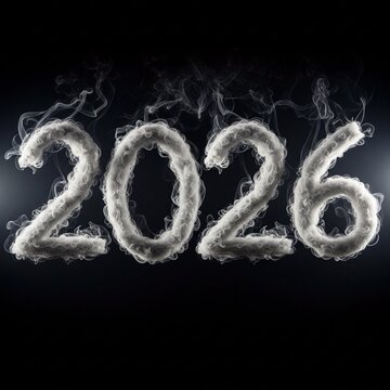 The image prominently features the number 2026, creatively rendered in a smoke-like texture, set against dark background.