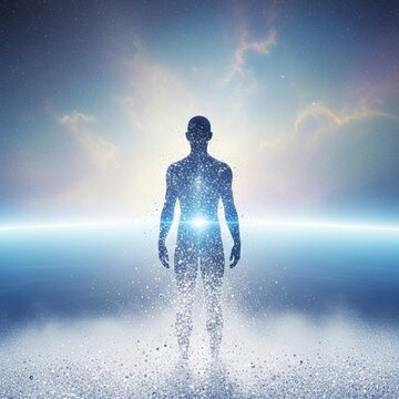 A figure of a human on a cosmic backdrop composed of stars stands radiating ethereal, bright light and cosmic energy.