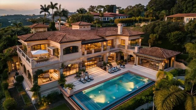 Luxurious mansion with pool and tropical surroundings. Evening light