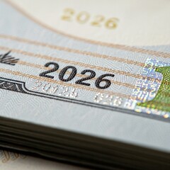 Obraz premium Close-up on a textured surface featuring the prominent year '2026', with subtle patterns and shades of white and gold.