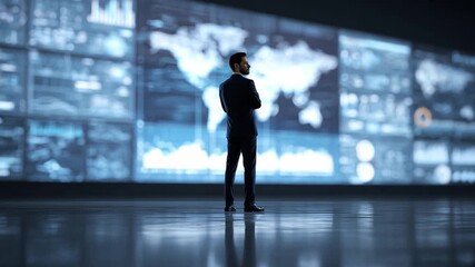 Visionary in the Digital Age: A focused business professional stands before a dynamic display of global data, representing insights, strategies, and the ever-evolving world of technology. - Powered by Adobe
