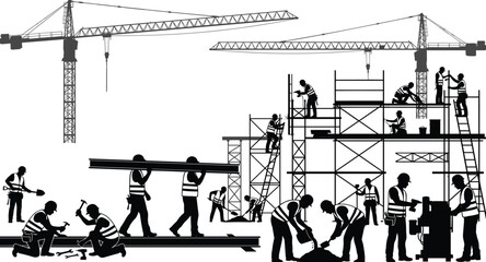 Vector Illustration of Building Under Construction, featuring an Excavator, Dump Truck, Tower Crane, and Workers on Site for Urban Development Projects.Vector Illustration of Building Under C © HMAshikur