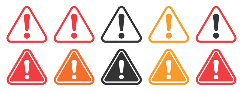 Warning Sign Alert Icons Set, a vector collection featuring precaution marks, danger symbols, and alert icons suitable for safety, industrial