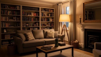 Fototapeta premium Warm cozy living room interior with bookshelves a lamp and comfortable seating