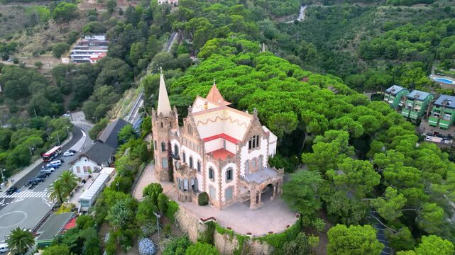 Barcelona Tibidabo Asil de Sant Josep de la Muntanya historic modernist palace aerial view.
