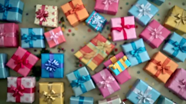 Winter holiday celebration concept. Christmas New Year. A closeup view of a persons hands holding a small gift box with a pink ribbon.