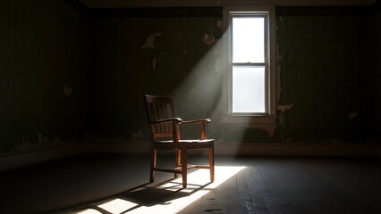 Sunlight streams through a window illuminating an empty chair in a darkened room