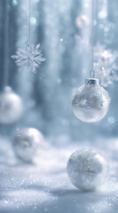 Enchanting Christmas background with glossy white sapphire ornaments and delicate translucent snowflakes, glitter dust swirling in the air, deep icy white palette, dreamy luminous lighting.