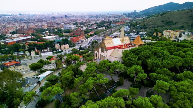 Barcelona Tibidabo Asil de Sant Josep de la Muntanya historic modernist palace aerial view.
