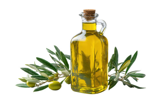 Glass bottle filled with golden olive oil next to fresh green olive branch liquid, Isolated On Transparent Background, Png Cut Out - Powered by Adobe