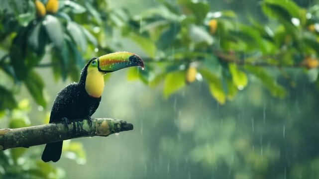 A toucan perches on a branch in a tropical downpour, lush foliage and rain blurred in the backdrop