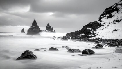 Stark, snowy coast with sea stacks