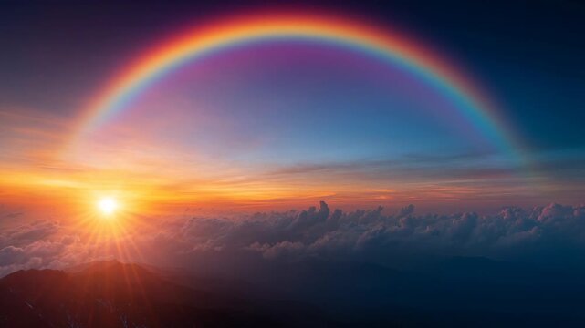 Stunning rainbow arching over a vibrant sunset with clouds and mountains in the background