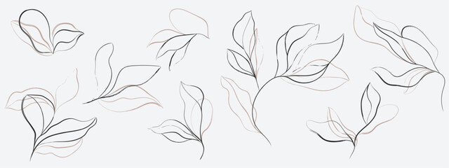 Modern abstract botanical line art featuring large, flowing leaves drawn with layered outlines in dark charcoal and pink-beige for a contemporary, multi-toned effect