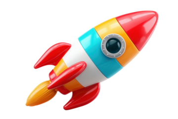 Colorful cartoon rocket ship with fins and porthole window on black spaceship space, Isolated On Transparent Background, Png Cut Out