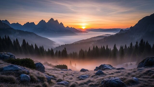 Dramatic mountain landscape at sunset with a misty valley and calm lake reflection - Powered by Adobe