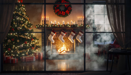 Cozy Christmas living room with fireplace and tree.