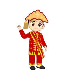 Cartoon boy in red and gold traditional attire happily waving, symbolizing cultural celebration, ethnic heritage, festive clothing, and cheerful expression in an illustrated style.